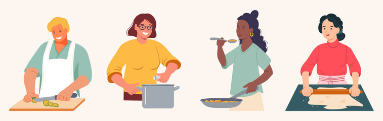 Happy people men and women cooking food at home. Home kitchen vector illustration