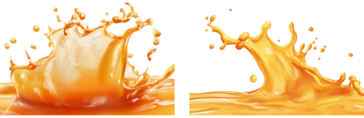 Set of FD&N proudly presents a orange juice splash, isolated on a transparent background, in PNG