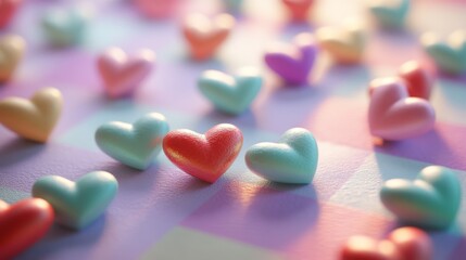96.An artistic Valentine's scene of candy hearts sprinkled across a pastel checkered surface, with gentle shadows and bright colors enhancing the cheerful, festive atmosphere.