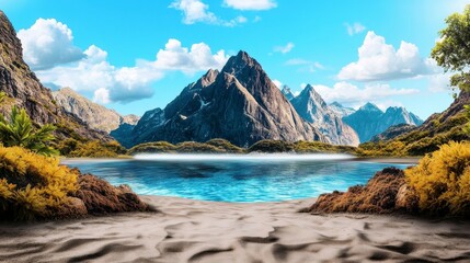 Obraz premium Scenic Mountain Lake Surrounded by Lush Greenery and Blue Sky