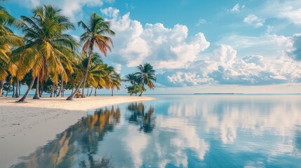 Serene Tropical Island Paradise: Palm Trees, White Sand Beach, and Azure Waters Reflecting a Cloud-filled Sky
