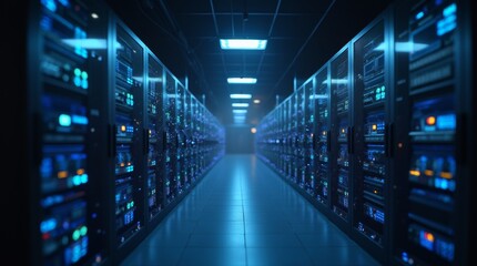 Obraz premium Modern Data Technology Center Server Racks in Dark Room with VFX. Animated Visualization Concept of Internet of Things, Data Flow, Digitization of Internet Traffic
