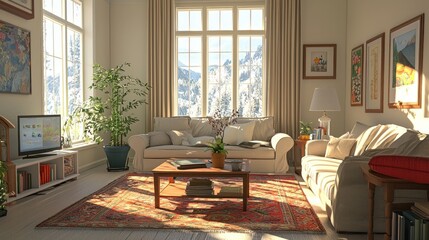 Fototapeta premium Cozy Mountain View Living Room: Sunlight Streams Through Large Windows, Illuminating a Comfortable Interior Decorated with Warm Colors and Luxurious Textiles