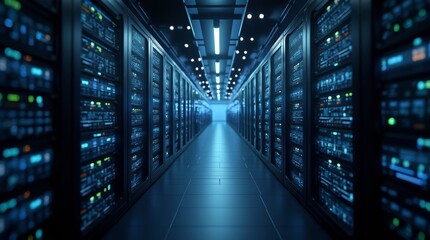 Fototapeta premium Modern Data Technology Center Server Racks in Dark Room with VFX. Animated Visualization Concept of Internet of Things, Data Flow, Digitization of Internet Traffic