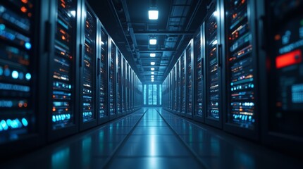 Fototapeta premium Modern Data Technology Center Server Racks in Dark Room with VFX. Animated Visualization Concept of Internet of Things, Data Flow, Digitization of Internet Traffic