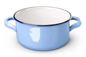 White and Blue Enamel Pot Isolated on a Plate. Empty Vintage Style Dish for Cream and Food