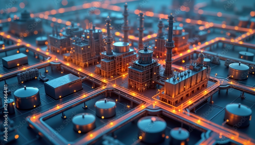 Poster Virtual model of industrial plant optimizing production. Modern manufacturing plant design. Tech driven factory. Futuristic engineering concept. Virtual twin system for efficiency. Advanced tech for