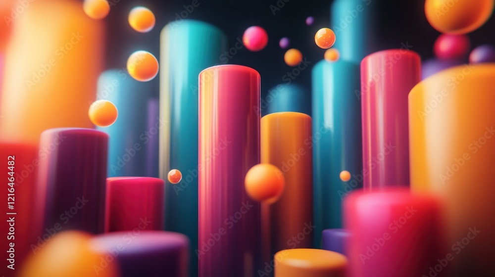 Poster vibrant colored cylinders and spheres float in a dynamic abstract composition