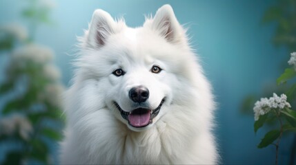 White Dog Portrait. Cute Samoyed Husky Puppy. Close-up Shot of Adorable Animal
