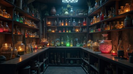 Obraz premium Inside a dark, mystical potion lab of an old witch, shelves are lined with strange, glowing jars filled with mysterious ingredients.