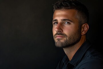 Fototapeta premium Young man poses with thoughtful expression against a dark background in a studio setting