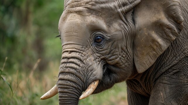 A close-up of a baby elephant's face, showcasing its large expressive eyes and wrinkled skin. - Powered by Adobe