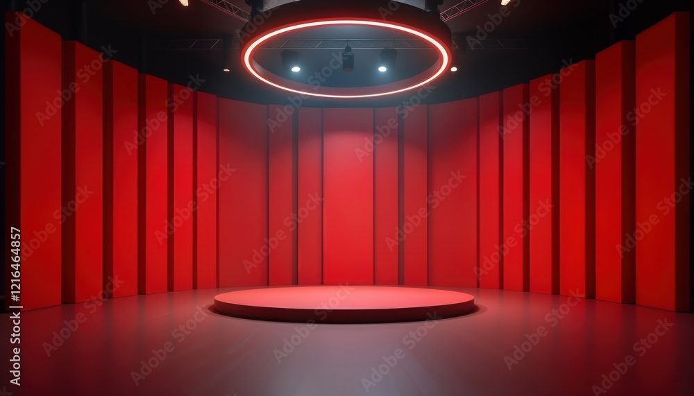 Poster Empty red stage with round podium. Modern tech presentation area. Minimalist design. Glowing lights highlight tech product awards ceremony. Modern empty stage for display. Abstract background design.