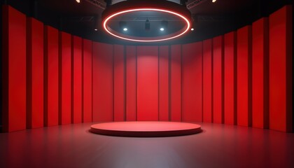 Empty red stage with round podium. Modern tech presentation area. Minimalist design. Glowing lights highlight tech product awards ceremony. Modern empty stage for display. Abstract background design.