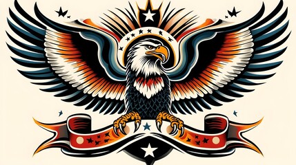 Naklejka premium Powerful American Traditional Eagle Tattoo Flash Featuring a Majestic Bird with Spread Wings Sharp Talons and Iconic Banner Elements in the Background Bold Patriotic and Graphic