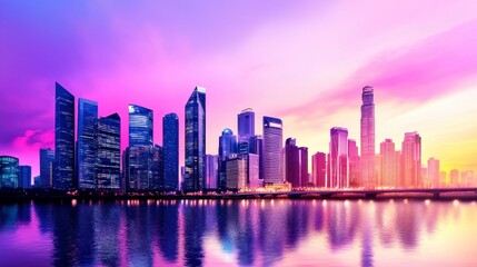 Fototapeta premium Modern Skyline at Sunset with Reflections and Vivid Colors