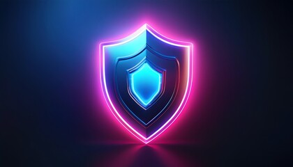 A vibrant, neon shield symbol against a dark background, representing protection and security.