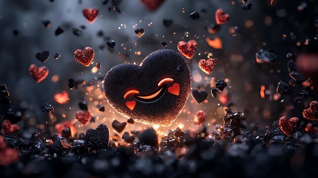 Happy heart amidst falling hearts, dark background; Valentine's, love concept