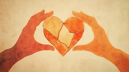 40.A conceptual poster with hands delicately holding broken heart fragments, reassembled with care using translucent tape, with a warm gradient overlay and aged paper aesthetic.