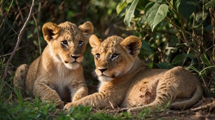 Fototapeta premium A heartwarming image of lion cubs lounging together in the shade, exuding a sense of comfort and safety.