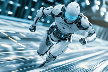 Futuristic robot running at high speed through a technologically advanced environment