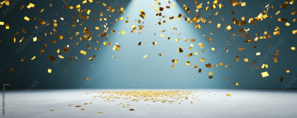 Poster a spotlight shines down on a scattered array of golden confetti, creating a festive and celebratory 