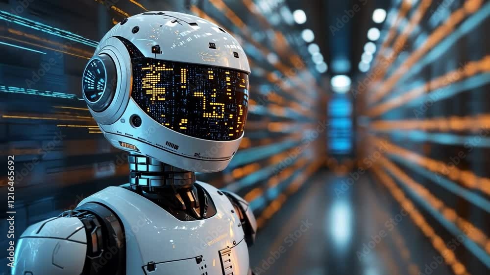 Poster a futuristic robot stands in a high-tech data center surrounded by glowing server racks