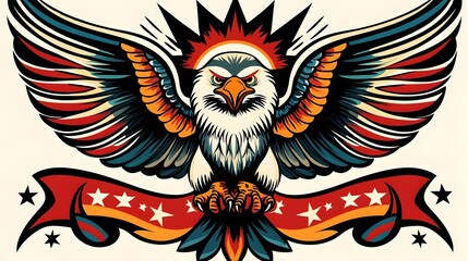 Majestic American Bald Eagle with Detailed Feather Patterns Strong Beak and Classic Red White and Blue Patriotic Colors on Background