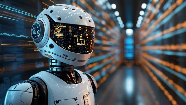 A futuristic robot stands in a high-tech data center surrounded by glowing server racks