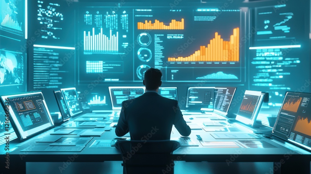 Poster cybersecurity analyst at work: a futuristic control room immersed in data visualization