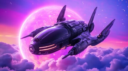 Obraz premium Futuristic Spacecraft Flying Among Vibrant Clouds and Celestial Body