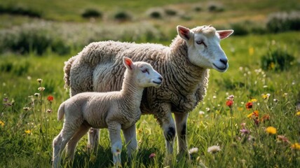 Obraz premium A tender moment captured of a lamb nuzzling against its ewe in a lush green pasture. 