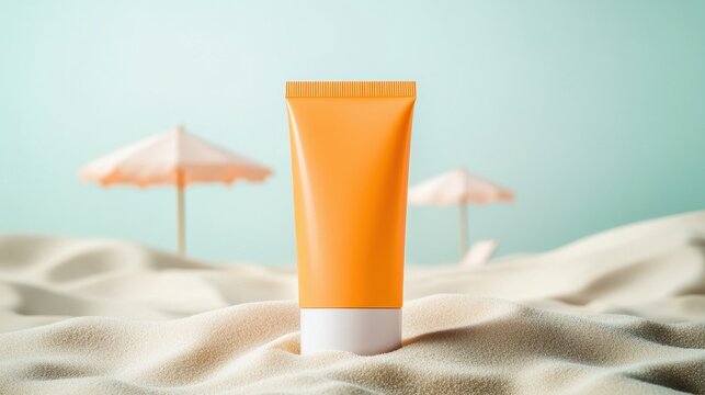 Advertising sunscreen packaging mock up concept. Sunscreen tube on sand with beach umbrellas in the background