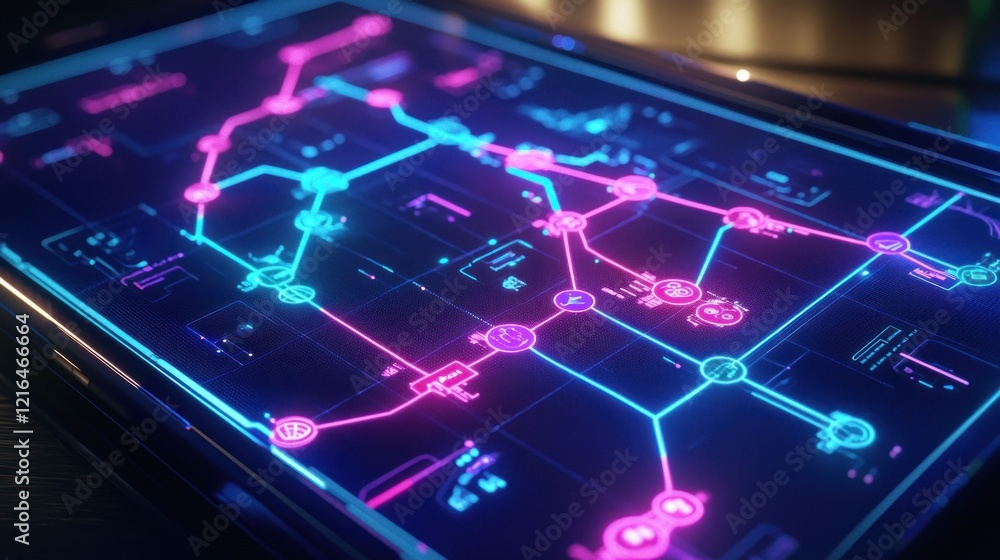 Aufkleber futuristic tech interface: neon network map on a tablet