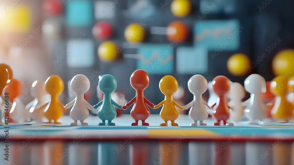 Aufkleber 3D of Cartoon Characters Gathered Around a Table Brainstorming Innovative Business Strategies with Charts and Diagrams in the Background