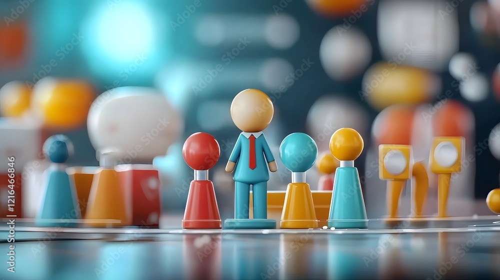 Poster Animated 3D business characters discussing strategic plans and using digital tools charts and graphs for effective project management and in a corporate office setting