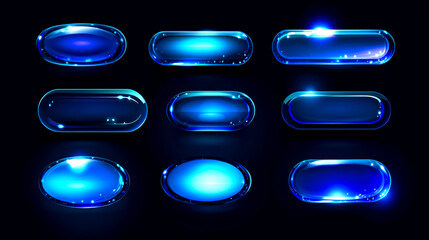 Set of blue glowing glass rectangular and oval-shaped buttons with a holographic effect on a dark background,