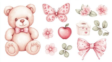 79.Cute illustrations of teddy bear, butterfly, apple, flowers, clover leaf, pink ribbon, heart for animal, zoo, souvenir shop, springtime, summer break, picnic, pastel sticker set, patches, plush
