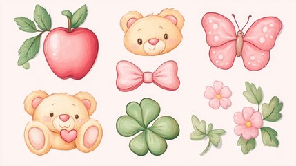 Fototapeta premium 79.Cute illustrations of teddy bear, butterfly, apple, flowers, clover leaf, pink ribbon, heart for animal, zoo, souvenir shop, springtime, summer break, picnic, pastel sticker set, patches, plush