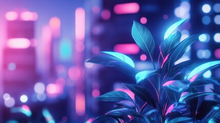 Neon Cityscape Backdrop With Glowing Plant Life