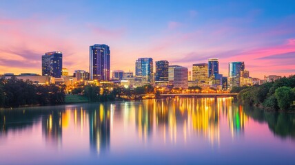 A vibrant city skyline reflects on water at sunset, showcasing modern architecture and colorful lights against a serene backdrop.