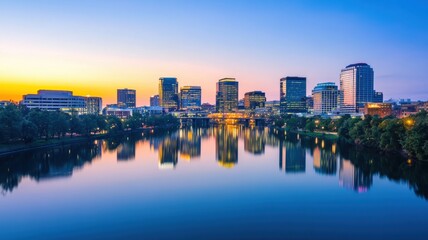 Obraz premium A stunning city skyline reflects in a tranquil lake at sunset, showcasing modern architecture and vibrant colors.