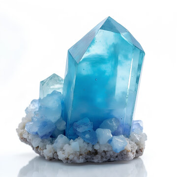 Superbe grappe de cristal arc-en-ciel : Quartz color&eacute; aux flammes bleu aqua aura, pr&eacute;sent&eacute; en gros plan macro, isol&eacute; sur fond blanc.