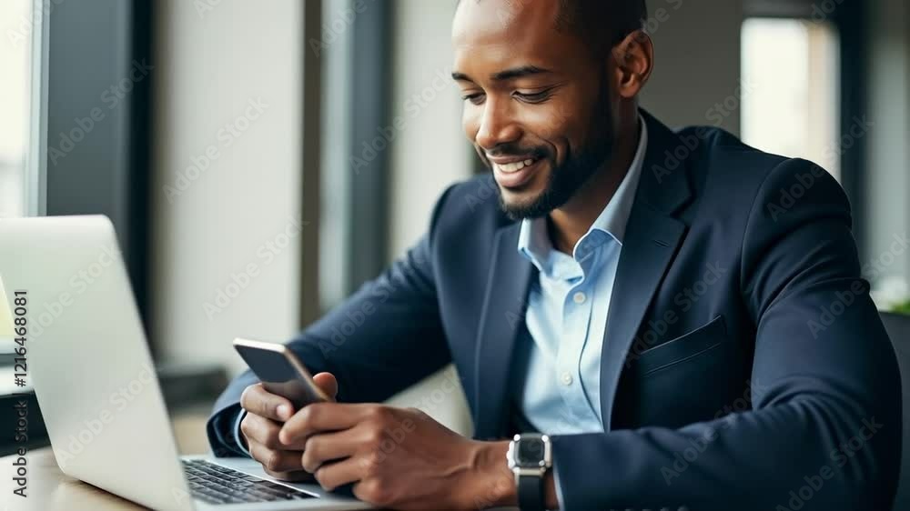 Poster professional young man in business suit smiling while using smartphone and laptop in modern office s