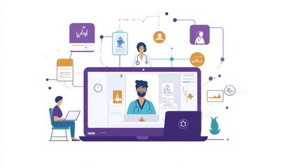 Telemedicine Global Health Network: Doctor Using Tablet, Laptop for Online Medical Records, Remote Healthcare Connectivity, Generative AI