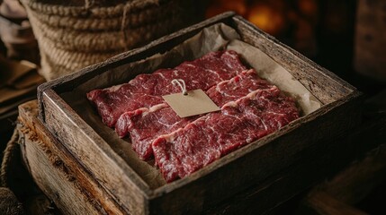 A wooden tray filled with various cuts of fresh meat,