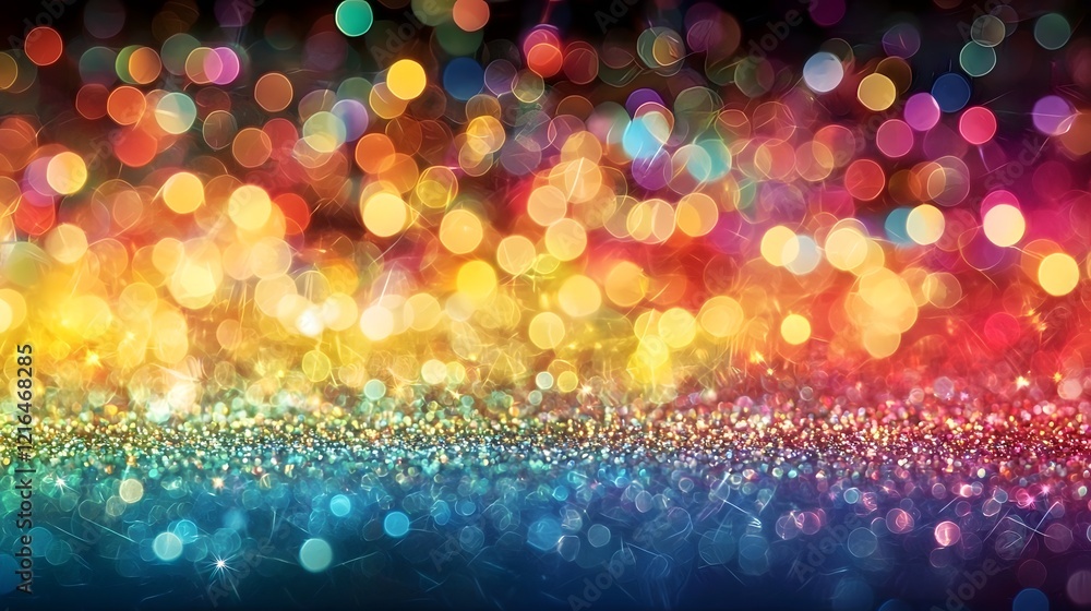 Poster vibrant and radiant rainbow glitter gradient background with dynamic shimmering particles for festiv