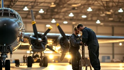 Aviation Technician Inspecting Aircraft Landing Gear in Hangar Lights