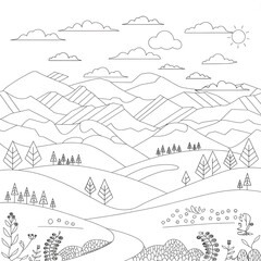 Obraz premium landscape with mountains and houses coloring page 
