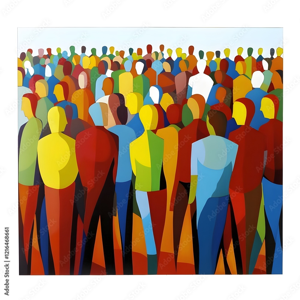 Poster abstract crowd of colorful figures representing diversity and unity.